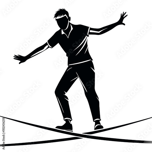 Vector Balancing Act: Silhouette of a man walking a tightrope, symbolizing challenge, balance, and risk.  A minimalist graphic illustration of determination and equilibrium.