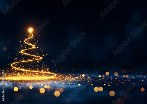 Obraz na płótnie Golden Spiral Christmas Tree with Sparkling Bokeh on Elegant Dark Blue Background w salonie