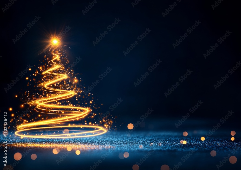 Glowing Christmas Tree with Golden Light Trails and Sparkling Bokeh on Dark Background