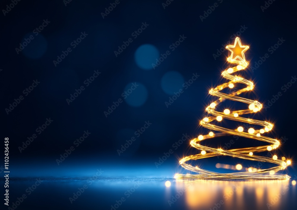 Glowing Christmas Tree with Golden Light Trails and Sparkling Bokeh on Dark Background