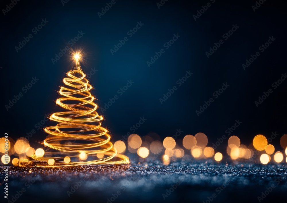 Glowing Christmas Tree with Golden Light Trails and Sparkling Bokeh on Dark Background