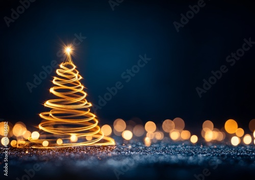 Obraz na płótnie Glowing Christmas Tree with Golden Light Trails and Sparkling Bokeh on Dark Background w salonie