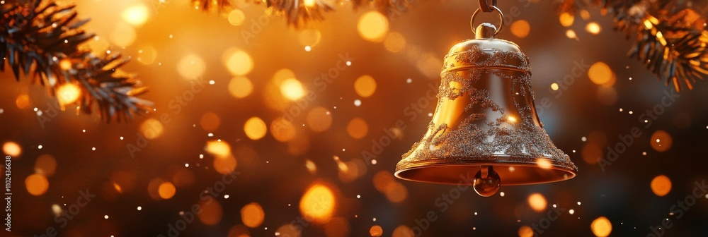 Golden Christmas Bell with Sparkling Glitter and Festive Bokeh on Warm Background