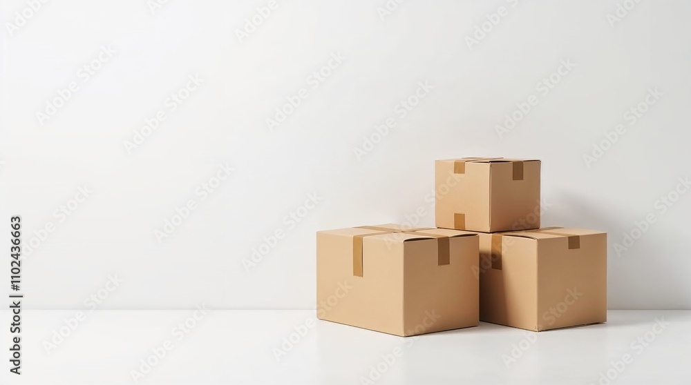 Stack of cardboard boxes in minimal white room with copy space Stack of cardboard boxes in minimal white room with copy space