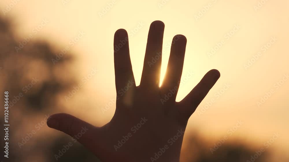 silhouette of hand of girl child in sun glare. faith in god religion concept. close up hand child girl fingers silhouette at sunset sun glare in nature lifestyle. dreams religion future concept silhouette of hand of girl child in sun glare. faith in god religion concept. close up hand child girl fingers silhouette at sunset sun glare in nature lifestyle. dreams religion future concept