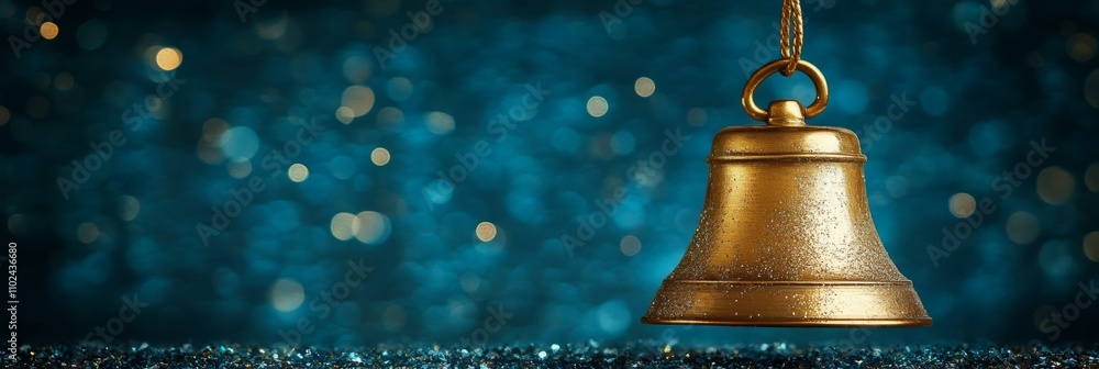 Elegant Golden Christmas Bell with Glitter and Blue Bokeh Background for Festive Decor