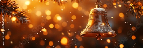 Obraz na płótnie Golden Christmas Bell with Sparkling Glitter and Festive Bokeh on Warm Background w salonie