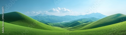 Panoramic View of Serene Green Grasslands with Snow-Capped Mountains and Blue Sky in Retro Rococo Style