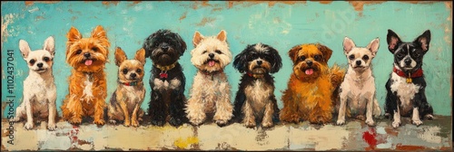 Playful Gathering of Twelve Dogs: Shih Tzu, Shiba Inu, Poodle, Beagle, French Bulldog, Dachshund, Chihuahua, and German Shepherds Sitting Together photo