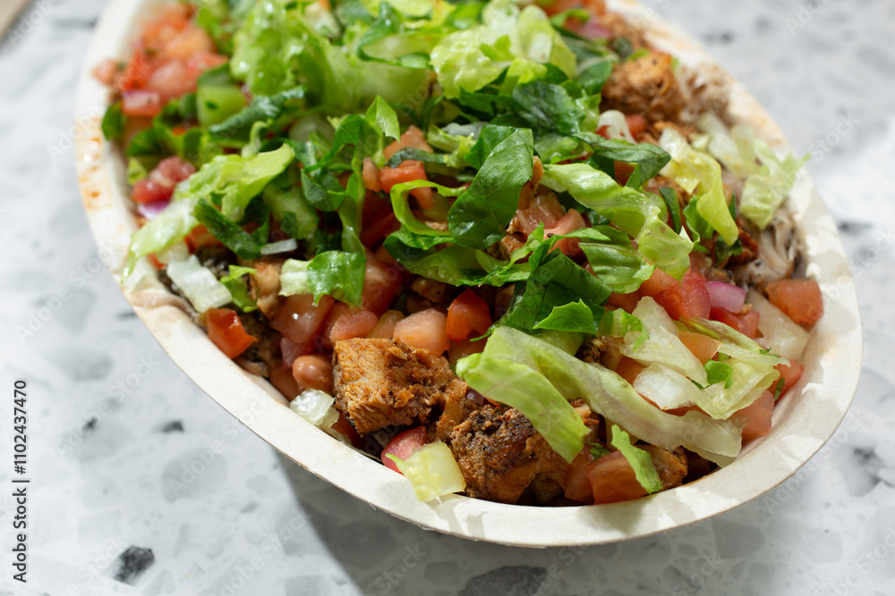 A view of a restaurant style chicken burrito bowl. A view of a restaurant style chicken burrito bowl.