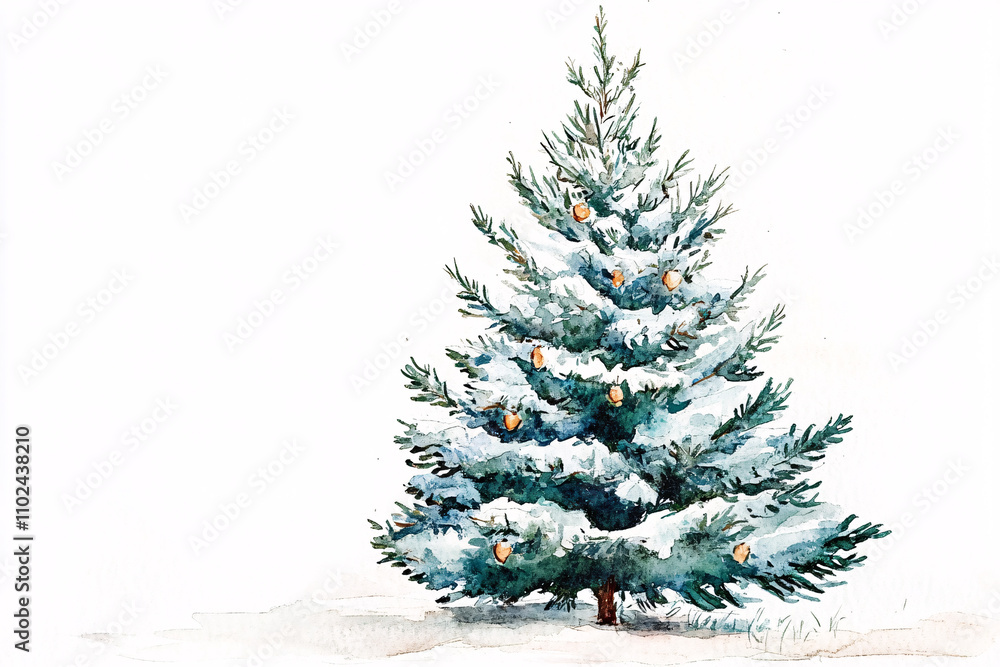 Fototapeta premium a delicate watercolor christmas tree painted with soft green hues lightly dusted with snow and small yellow ornaments on white 