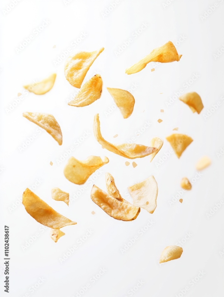 Soaring Snack: Crispy French Fries in Mid-Air Against a Clear White Canvas Soaring Snack: Crispy French Fries in Mid-Air Against a Clear White Canvas