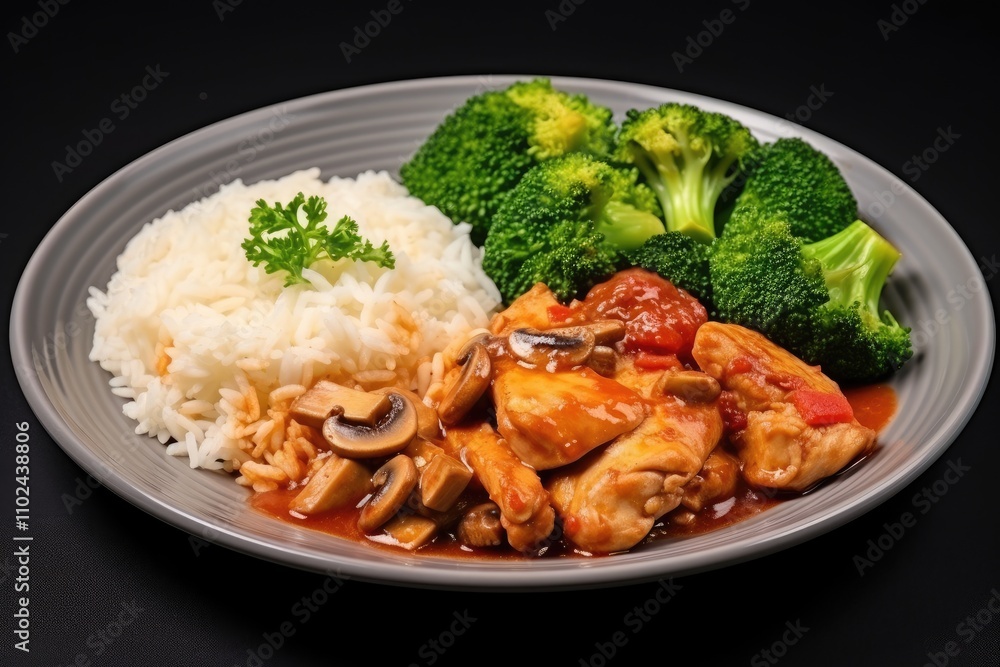 Chicken fillet and mushrooms in tomato sauce with broccoli and rice Healthy diet Top view Chicken fillet and mushrooms in tomato sauce with broccoli and rice Healthy diet Top view