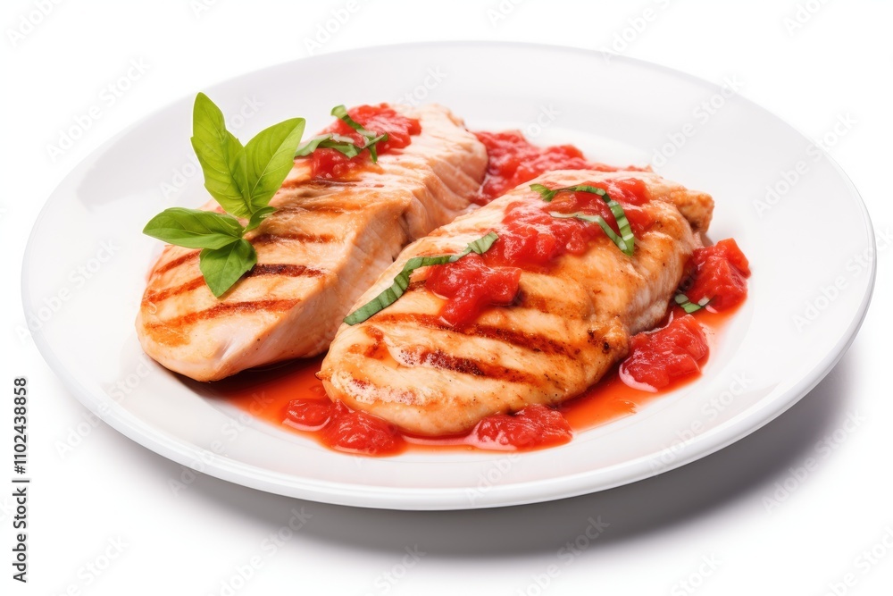 Chicken fillet grilled with tomato sauce on white background Chicken fillet grilled with tomato sauce on white background