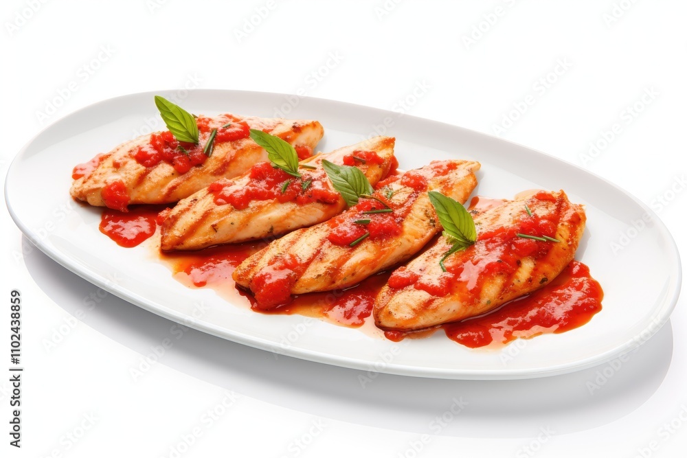Chicken fillet grilled with tomato sauce on white background Chicken fillet grilled with tomato sauce on white background