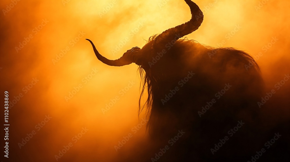 Obraz premium Silhouette of krampus with goat horns against night dark background with fire and smoke. Demon in hell. Traditional Christmas devil. Halloween, Yule, pagan New Year. Man in costume on masquerade