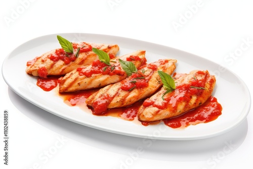 Chicken fillet grilled with tomato sauce on white background