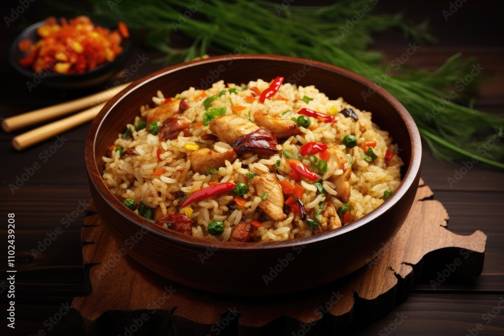 Chicken fried rice Cooked and presented in a wok Wood backdrop Aerial view Chicken fried rice Cooked and presented in a wok Wood backdrop Aerial view