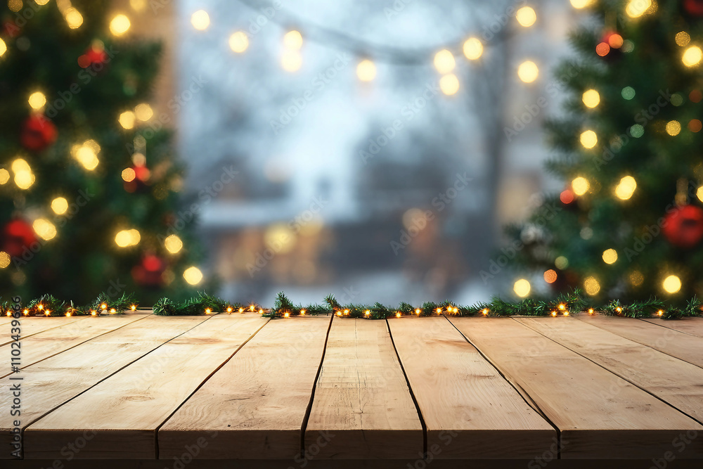 Closeup top wood table with Blur Background and snow christmas time, for your photo montage or product display, Wood table top on blur Christmas tree in snow, Space for placing items on the table.
Closeup top wood table with Blur Background and snow christmas time, for your photo montage or product display, Wood table top on blur Christmas tree in snow, Space for placing items on the table.