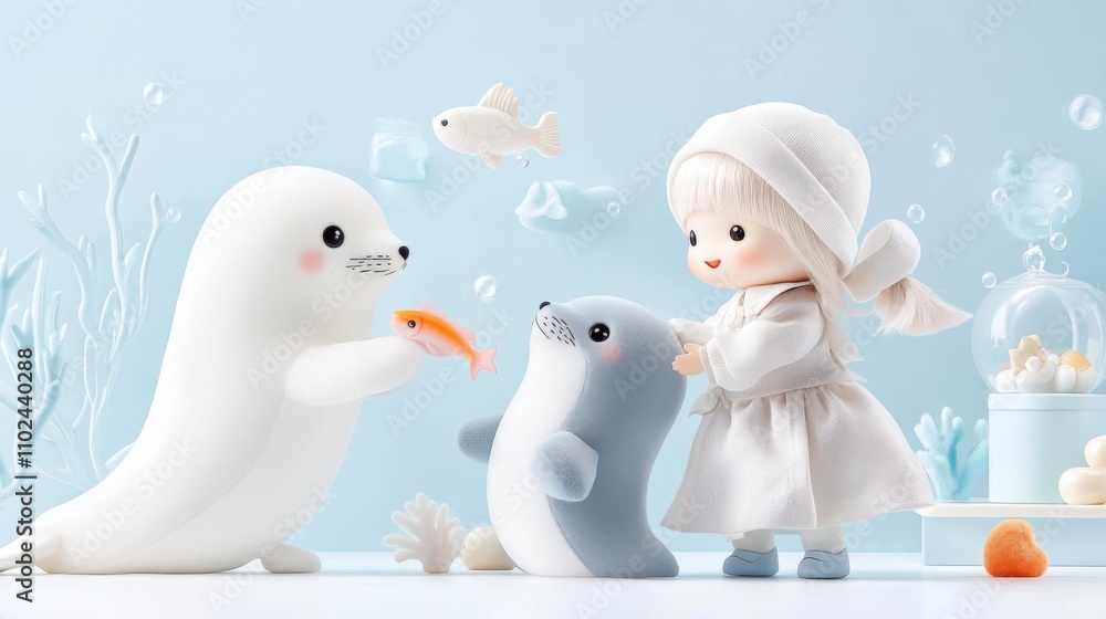 Adorable Seal Family with Toy Fish and Little Girl in Cozy Ocean-Inspired Scene Adorable Seal Family with Toy Fish and Little Girl in Cozy Ocean-Inspired Scene