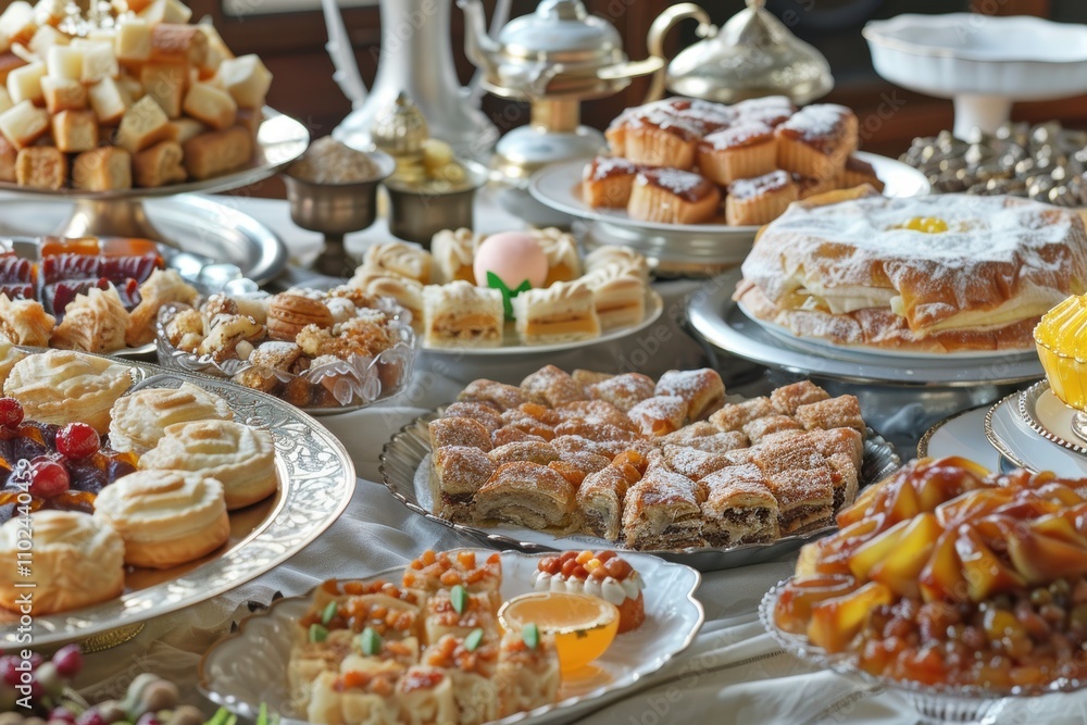 Festive Eid Celebration Table with Assorted Sweets and Desserts for a Joyful Gathering Festive Eid Celebration Table with Assorted Sweets and Desserts for a Joyful Gathering