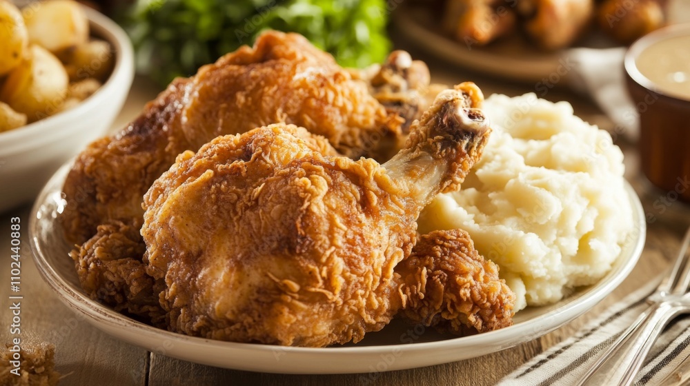 Crispy Fried Chicken with Mashed Potatoes and Gravy on Plate Crispy Fried Chicken with Mashed Potatoes and Gravy on Plate