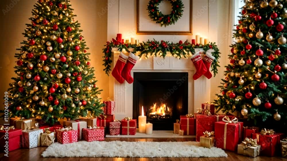 Christmas tree with presents near glowing fireplace beautifully. season concept Seamless looping 4k time-lapse animation video background Christmas tree with presents near glowing fireplace beautifully. season concept Seamless looping 4k time-lapse animation video background