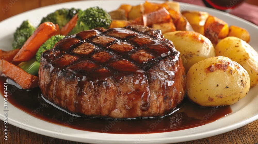 Grilled Steak with Vegetables and Potatoes on a White Plate Grilled Steak with Vegetables and Potatoes on a White Plate