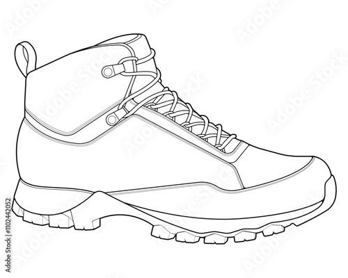 Hiking boots illustration. Outline vector boots. Side view hiking boots isolated with white background.