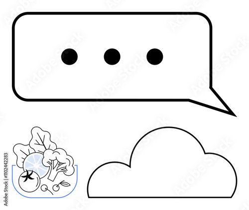 Chat bubble with three dots, bowl of vegetables, and cloud shape. Ideal for communication, food, nutrition, conversation, cloud storage healthy lifestyle diet topics. Line metaphor photo