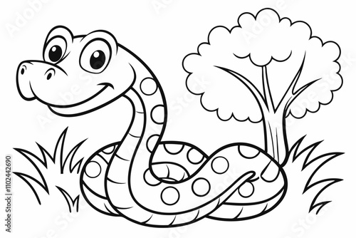 cute Rattlesnake, some grass and a tree, coloring book photo