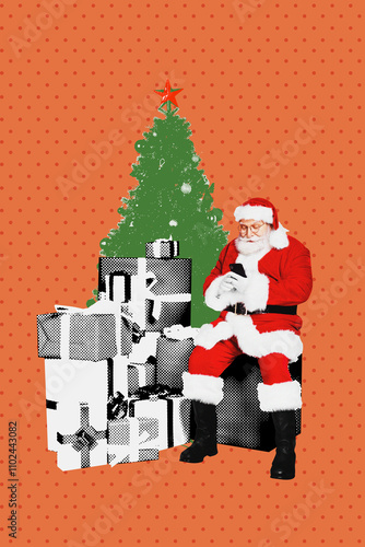 3D photo collage template trend artwork sketch of new year merry christmas pile giftbox present aged man santa claus sit hold smartphone photo