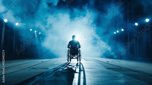 A wheelchair athlete centered in a glowing spotlight on a stadium track, surrounded by haze and intense lighting, creating a mood of anticipation and determination. AI generated.