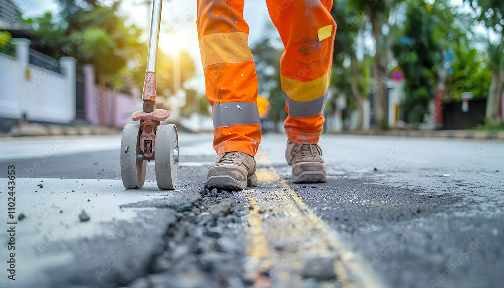 worker is walking with the measuring wheel, measure the road worker is walking with the measuring wheel, measure the road