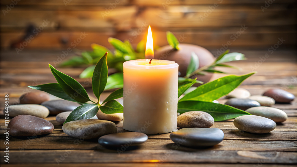 Single lit candle with a soft flame on a wooden surface, surrounded by smooth stones and leaves, creating a tranquil and meditative vibe Single lit candle with a soft flame on a wooden surface, surrounded by smooth stones and leaves, creating a tranquil and meditative vibe