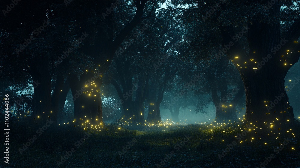 Enchanted Forest at Night with Fireflies Enchanted Forest at Night with Fireflies