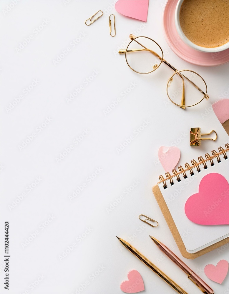 Valentine's Day concept. Top view photo of notepads golden pen glasses pink sticky note paper Valentine's Day concept. Top view photo of notepads golden pen glasses pink sticky note paper