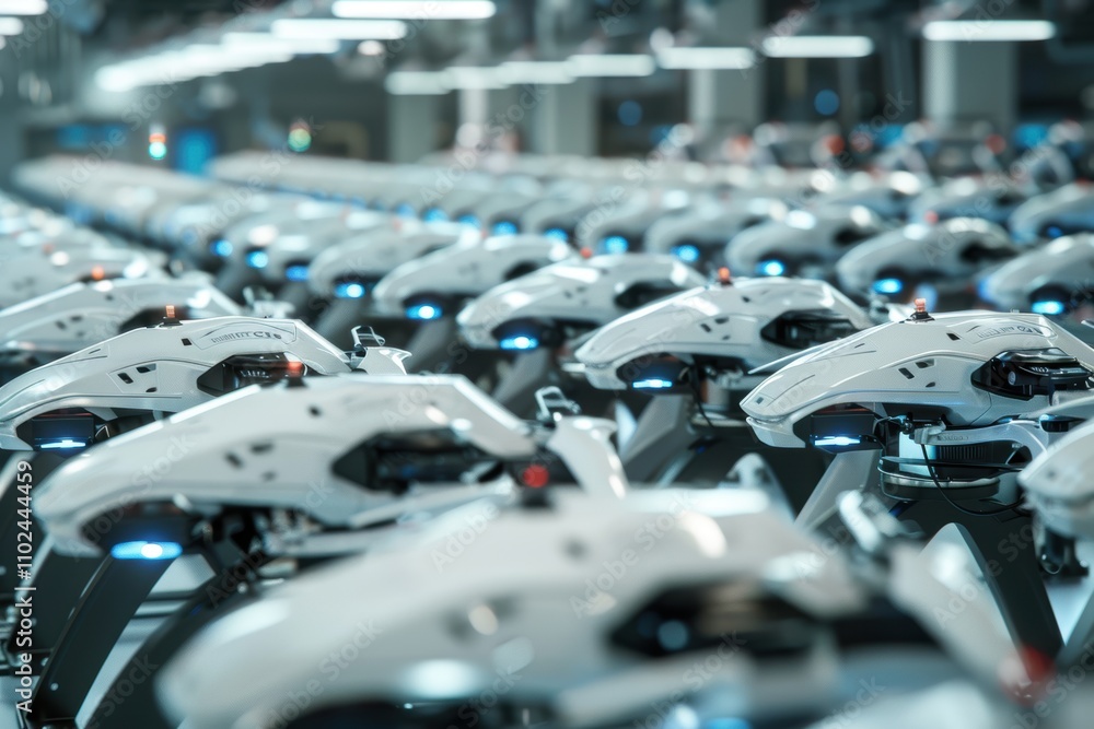 Obraz premium Futuristic Drone Assembly in a Modern Factory - Technology and Robotics in Manufacturing