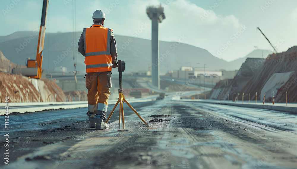 worker is walking with the measuring wheel, measure the road worker is walking with the measuring wheel, measure the road