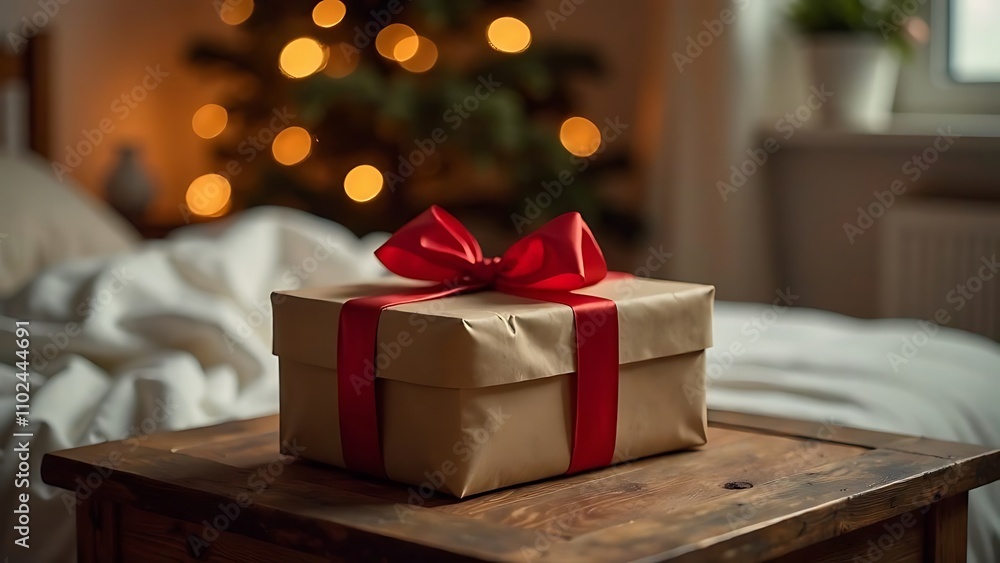A beautifully wrapped gift with a red bow lies on a wooden table in a cozy bedroom with glowing garlands. A beautifully wrapped gift with a red bow lies on a wooden table in a cozy bedroom with glowing garlands.