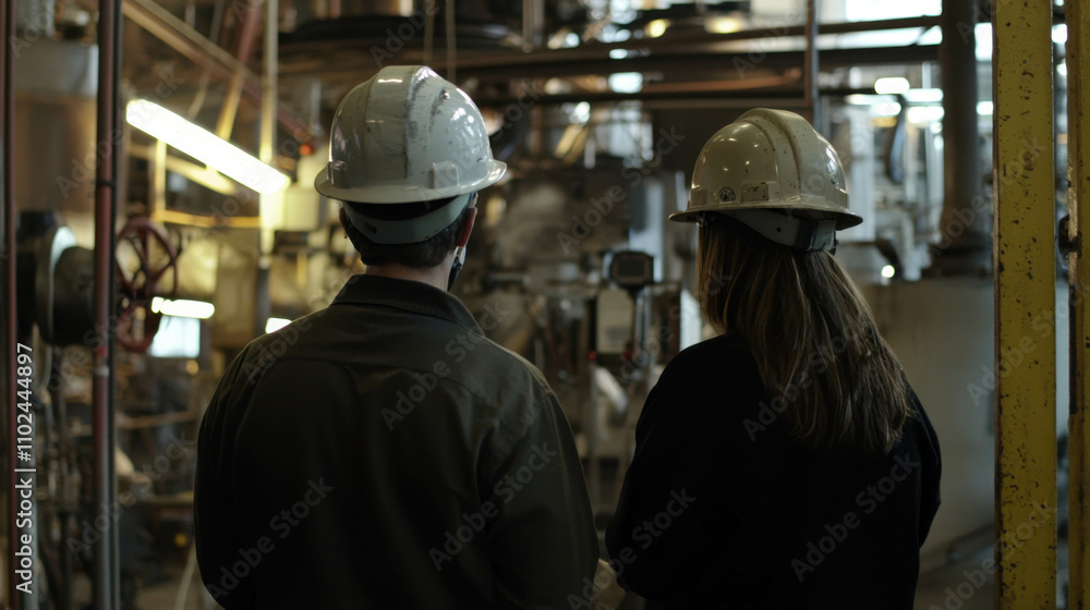 Two workers wearing safety helmets inside an industrial plant, viewed from behind. Two workers wearing safety helmets inside an industrial plant, viewed from behind.