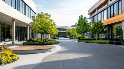 Modern Architectural Outdoor Space with Green Trees and Walkway in Bright Daylight