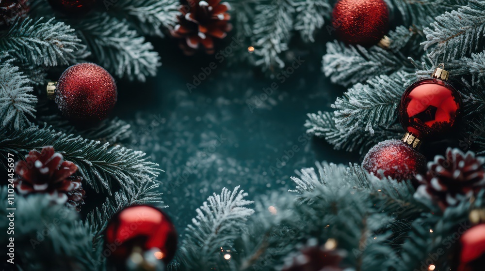 Festive Christmas Background with Red Ornaments and Frosted Pine Branches Festive Christmas Background with Red Ornaments and Frosted Pine Branches