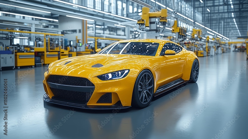 Bright yellow sports car gleams under industrial lighting inside a contemporary automotive plant, surrounded by advanced machinery and assembly equipment Bright yellow sports car gleams under industrial lighting inside a contemporary automotive plant, surrounded by advanced machinery and assembly equipment