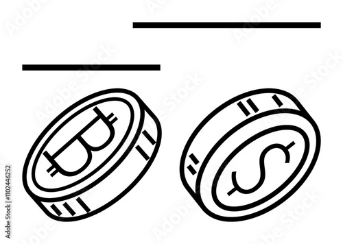 Two coins, one with a Bitcoin symbol and the other with a Dollar sign, representing digital and traditional currencies. Ideal for finance, cryptocurrency, economics, investment, digital transactions photo