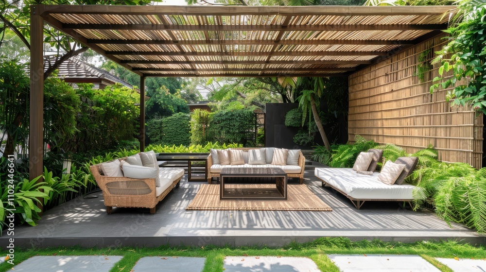 Modern Outdoor Lounge with Bamboo Furniture for Relaxation and Greenery Modern Outdoor Lounge with Bamboo Furniture for Relaxation and Greenery