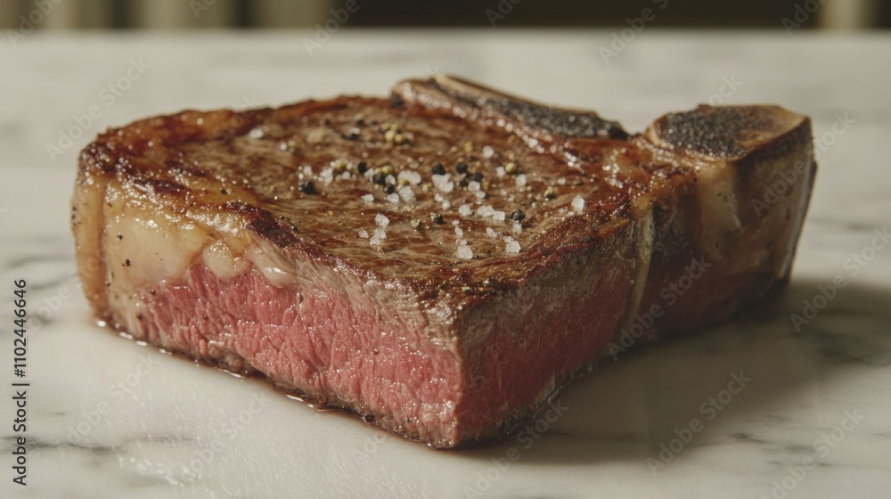 Deliciously Cooked Ribeye Steak on Marble Surface with Seasoning Deliciously Cooked Ribeye Steak on Marble Surface with Seasoning