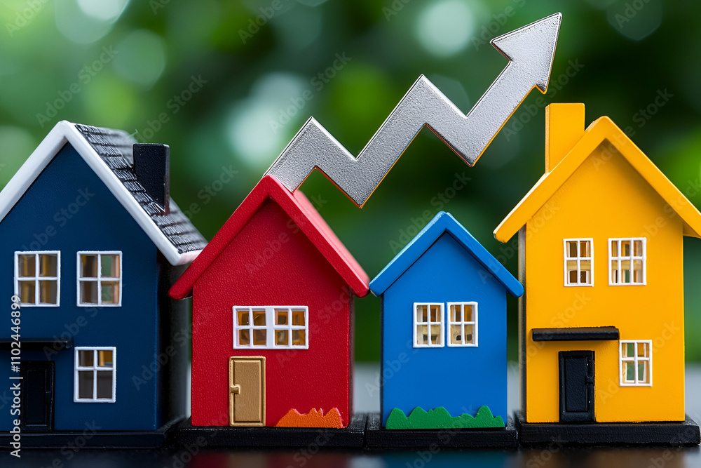 Four colorful toy houses represent growth in the real estate market, highlighted by an upward arrow symbolizing rising property values. Four colorful toy houses represent growth in the real estate market, highlighted by an upward arrow symbolizing rising property values.