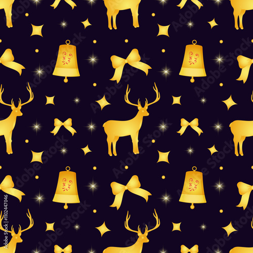 Christmas seamless pattern with golden deer and bell on a background of sparkles and lights isolated on a dark background. Vector graphics.