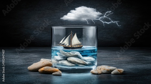 A small sailing ship floats in turbulent water inside a glass, while dramatic lightning strikes a cloud overhead, creating an intense atmosphere photo